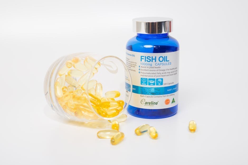 Pharmacy bottles of fish oil supplements on shelf with quality certification labels