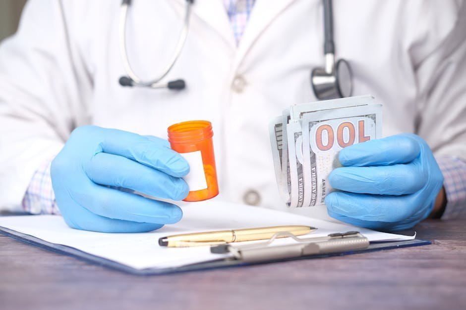 Person reviewing a stack of insurance and prescription paperwork at a kitchen table